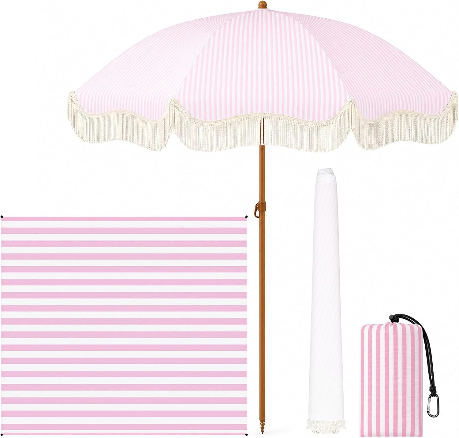 Outdoor Furniture With Umbrella - Payung Pantai Bergaris Merah Muda 6.5FT